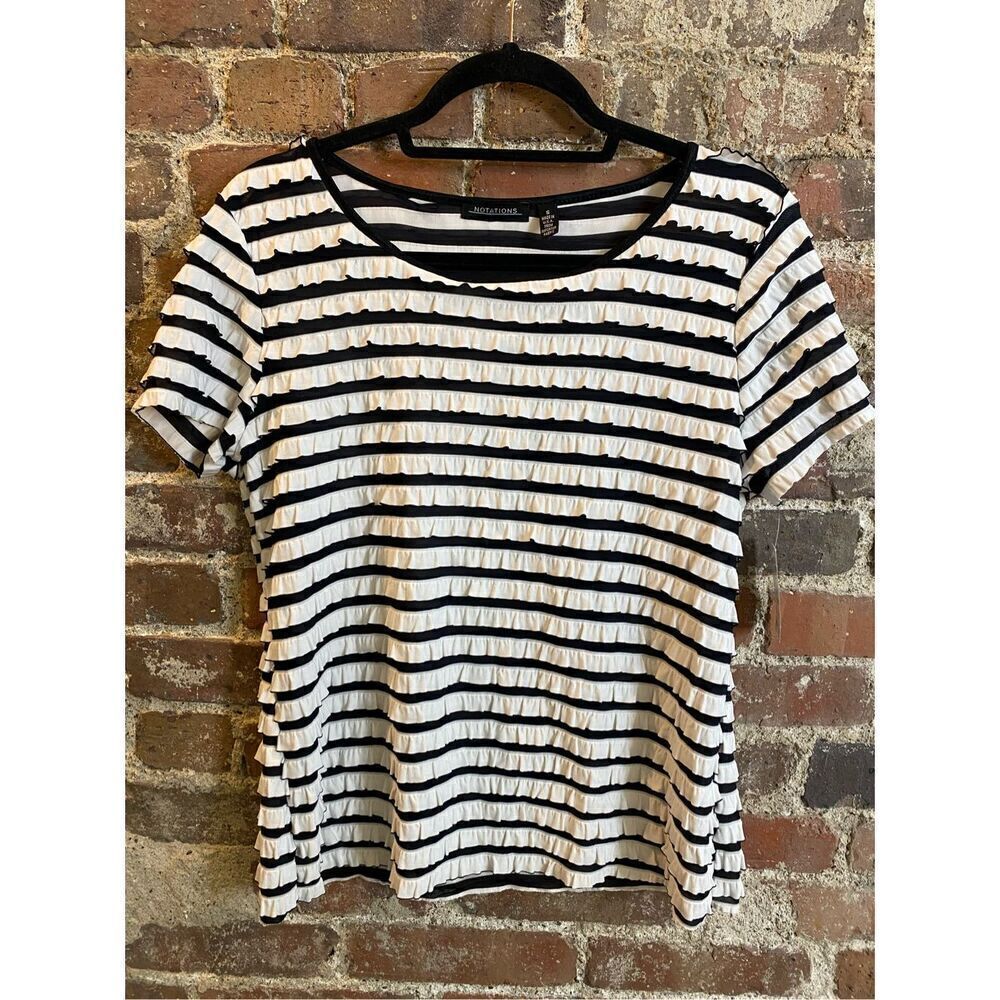 Notations Black & White Ruffle Striped Cap Sleeve T-shirt Blouse women’s Size S